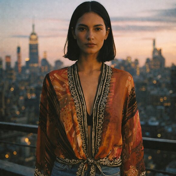 Chico's 100% Silk Natural Fiber Boho Open Front Cropped Kimono Jacket L/XL - Picture 7 of 7